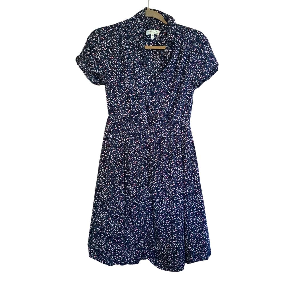 Monteau Floral Faux Button Front Dress Womens M Blue Ditsy Floral Short Sleeve
